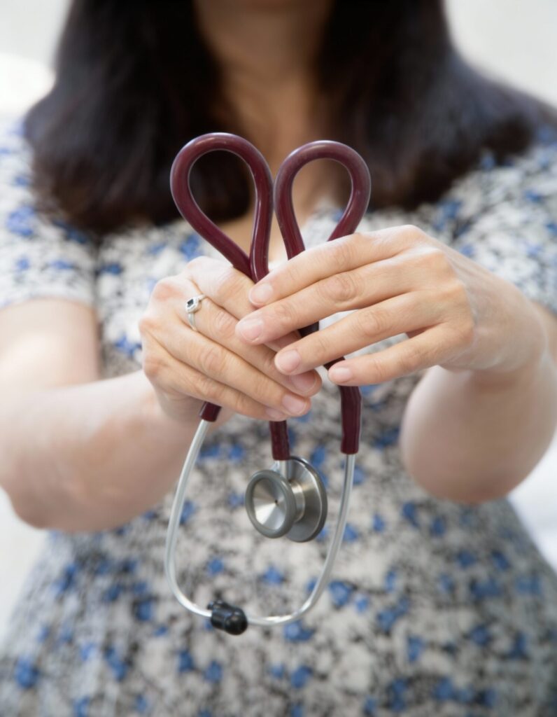 Close-up of hands holding a stethoscope, symbolising compassionate medical care at Helderberg Family Practice.